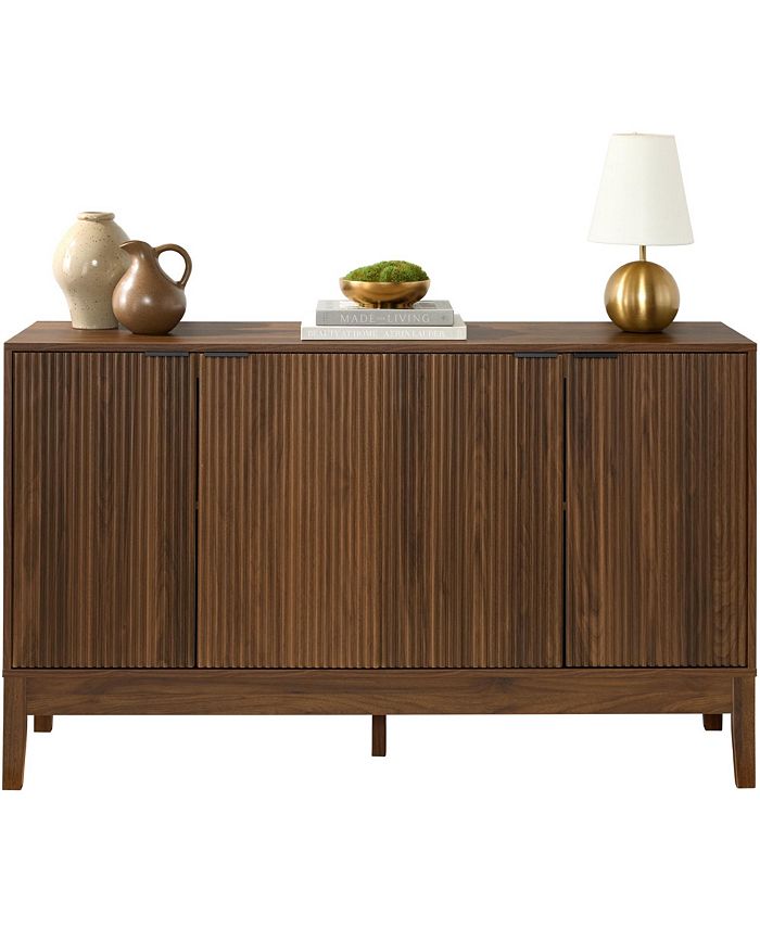 4-Door Reeded Storage Cabinet w/ Soft-Close Doors, Multipurpose Accent Furniture - Brown - 296