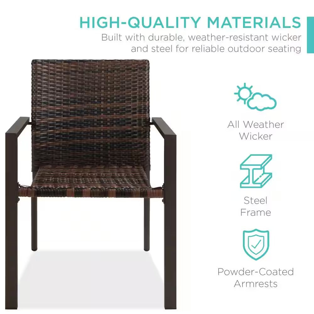 Stackable Brown Wicker Chairs with Armrests, Steel Conversation Accent Furniture for Patio (Set of 2) - D1 - 1008