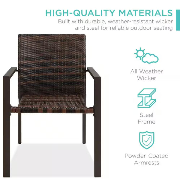 Stackable Brown Wicker Chairs with Armrests, Steel Conversation Accent Furniture for Patio (Set of 2) - D1 - 1008
