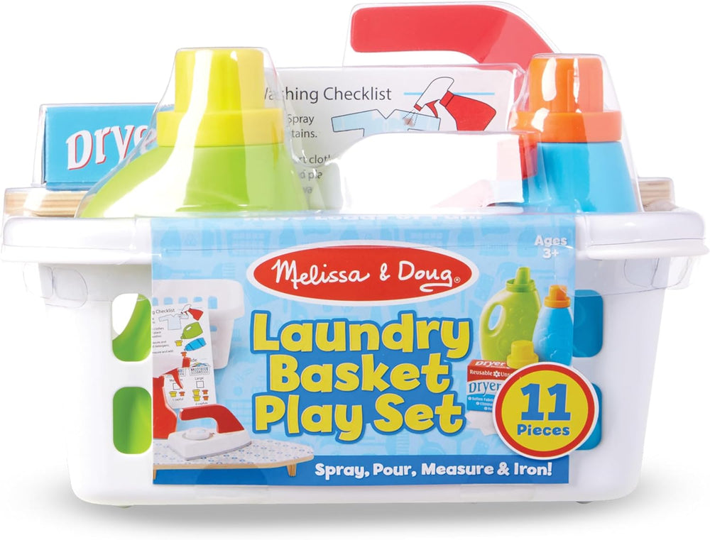 Melissa & Doug Laundry Basket Play Set with Wooden Iron, Ironing Board, and Accessories (14 Pcs) Pretend Play Laundry Set for Kids with Iron 1339