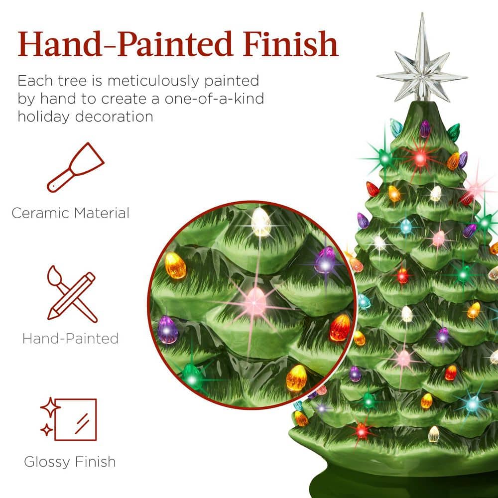 18in. Green Pre-Lit LED Ceramic Artificial Christmas Tree with 93 Multicolor Lights 1793