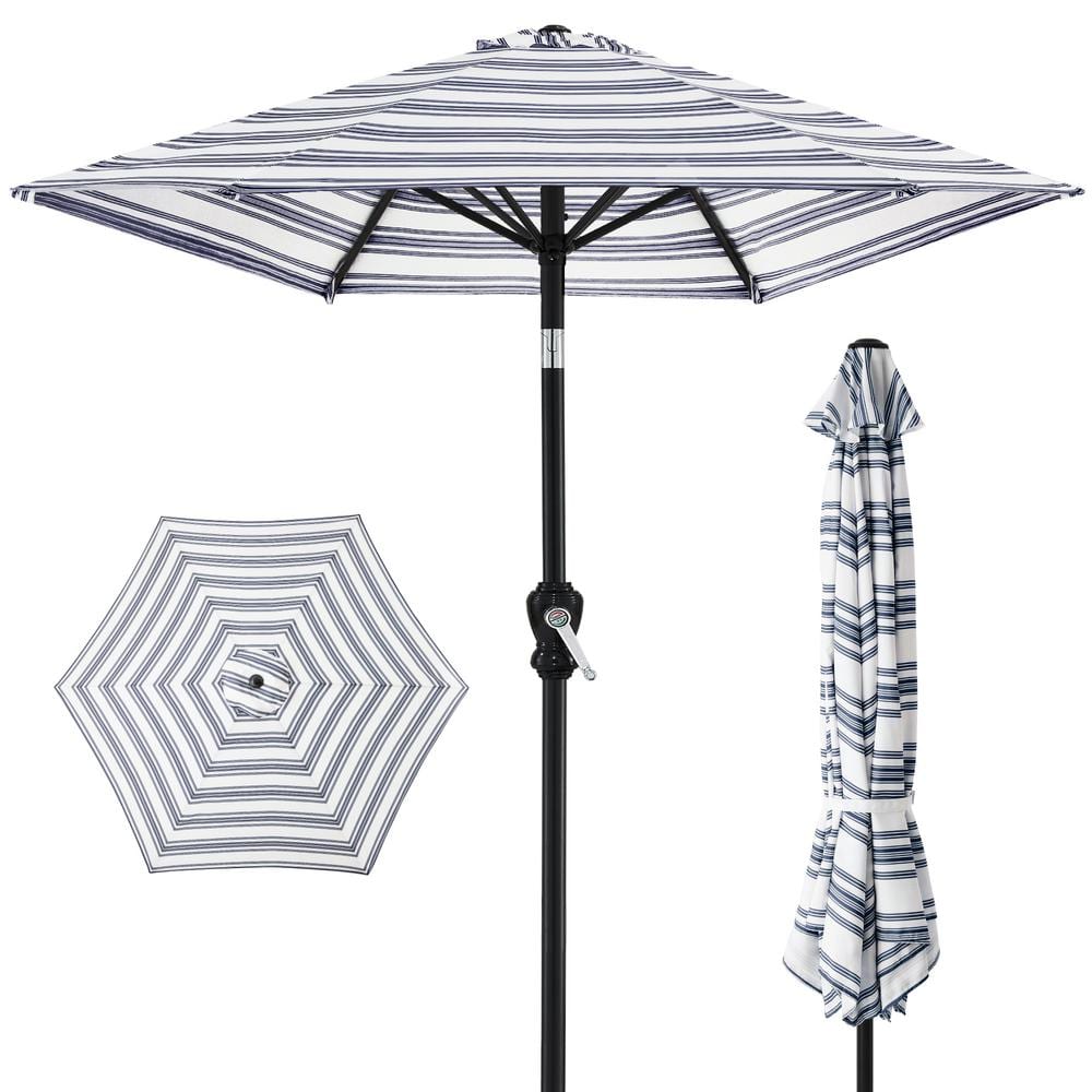 10 ft. Steel Market Tilt and Crank Patio Umbrella in Navy Blue Stripe -L7-0452