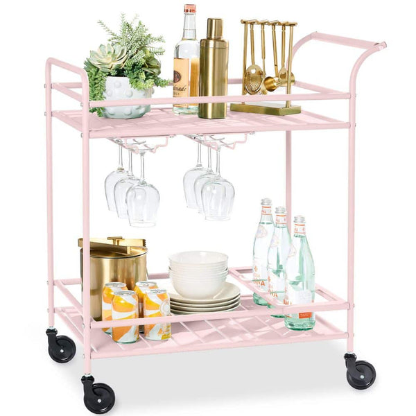 2-Tier Pink Outdoor/Indoor Metal Bar Serving Cart with Storage Shelves and Lockable Wheels - 691