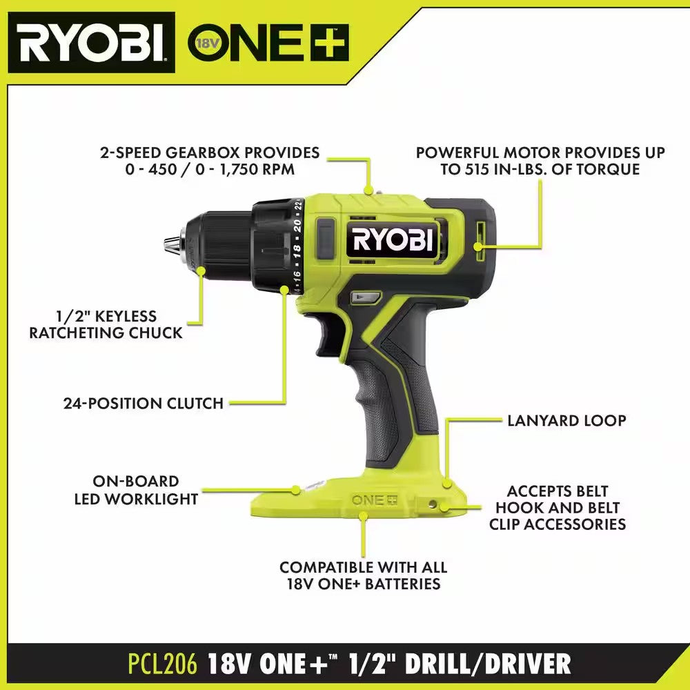 RYOBI ONE+ 18V Cordless 2-Tool Combo Kit with Drill/Driver, Impact Driver, (2) 1.5 Ah Batteries, and Charger 1683
