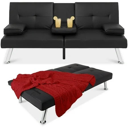 Modern Faux Leather Convertible Futon Sofa w/ Removable Armrests Metal Legs 2 Cupholders - Black M21