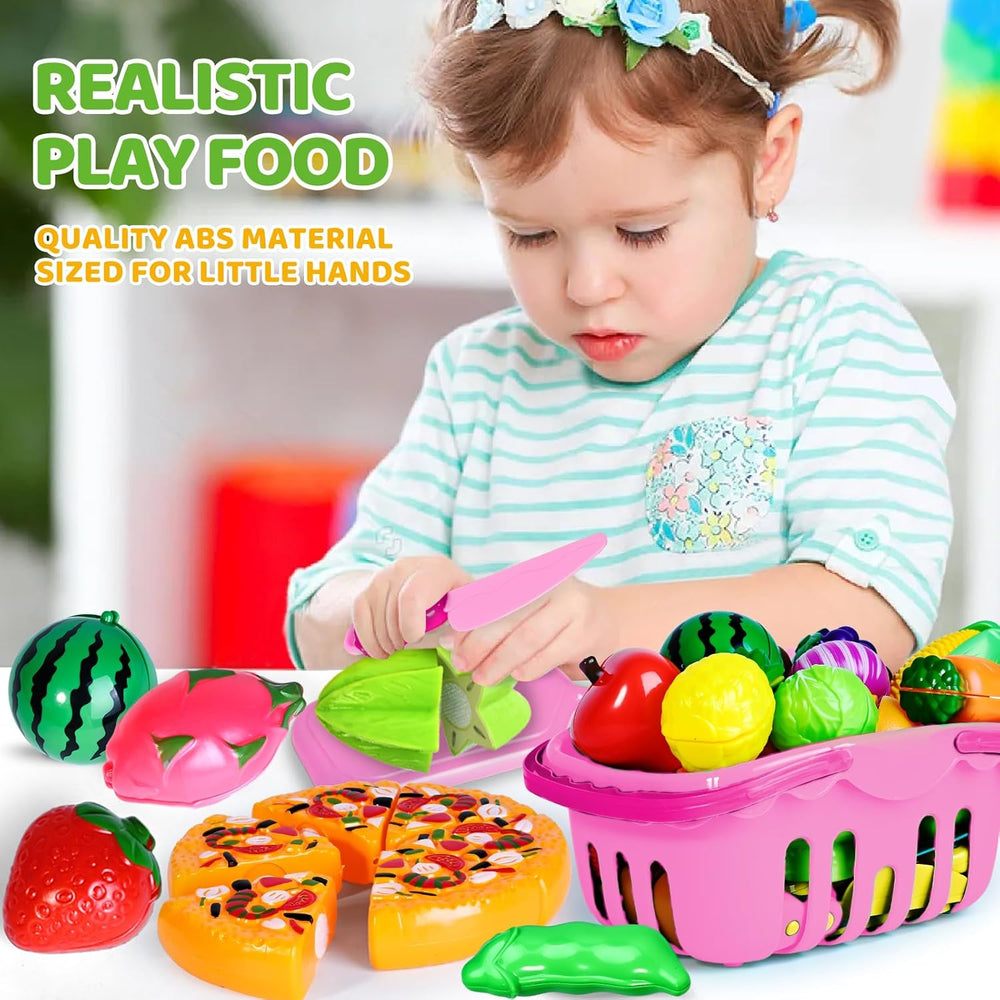 Shemira 100 PCS Cutting Play Food Toy for Kids Kitchen, Pretend Food Toys for Toddlers, Play Kitchen Toys Accessories with 2 Baskets, for 3 4 5 Years Old Boys Girls, Pink 1342