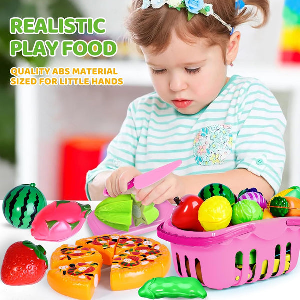 Shemira 100 PCS Cutting Play Food Toy for Kids Kitchen, Pretend Food Toys for Toddlers, Play Kitchen Toys Accessories with 2 Baskets, for 3 4 5 Years Old Boys Girls, Pink 1342