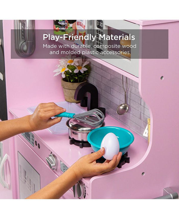 Best Choice Products Pretend Play Kitchen Wooden Toy Set for Kids w/ Telephone, Utensils, Oven, Microwave - Pink -G3-1949