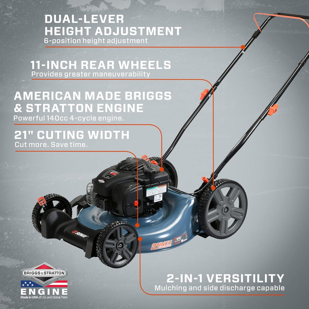 SENIX 21-Inch Gas Push Lawn Mower with 140 cc 4-Cycle Briggs & Stratton Engine, Mulching and Side Discharge, 6-Position Dual Lever Height Adjustment (LSPG-M6) 1655