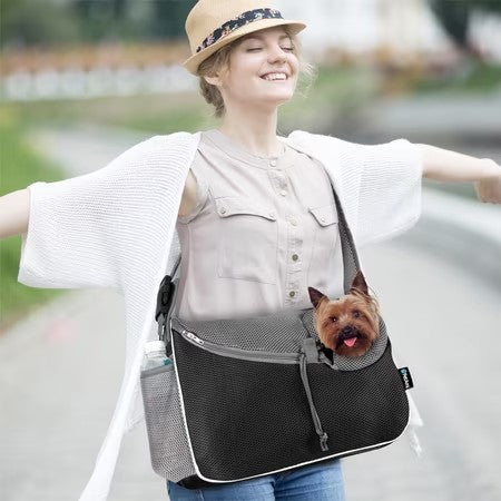 PetAmi Small Dog Sling Carrier, Soft-Sided Crossbody Puppy Carrying Purse Bag, Adjustable Sling Pet Pouch to Wear Medium Dog Cat Travel, Dog Bag for Traveling, Breathable, Poop Bag Dispenser, Black -K9-1640