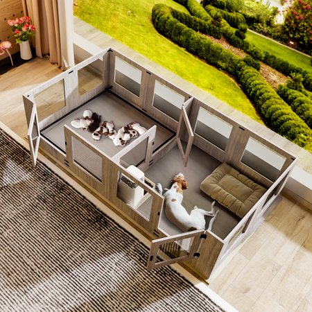 BingoPaw Extra Large Dog Wooden Whelping Box Playpen Giving Birth Kennel with Waterproof Fertility Pad, Clear Two Fence Rooms - M11 - 1984