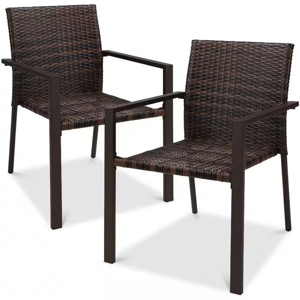 Stackable Brown Wicker Chairs with Armrests, Steel Conversation Accent Furniture for Patio (Set of 2) - D1 - 1008