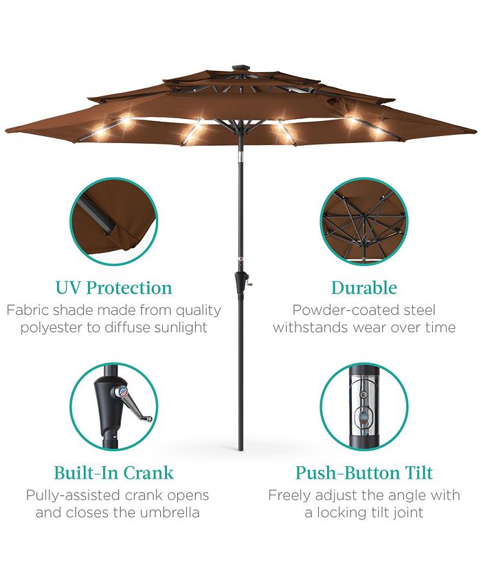 Best Choice Products 10ft 3-Tier Solar Patio Umbrella w/ 24 LED Lights, Tilt Adjustment, Easy Crank - Brown - L3 - 372