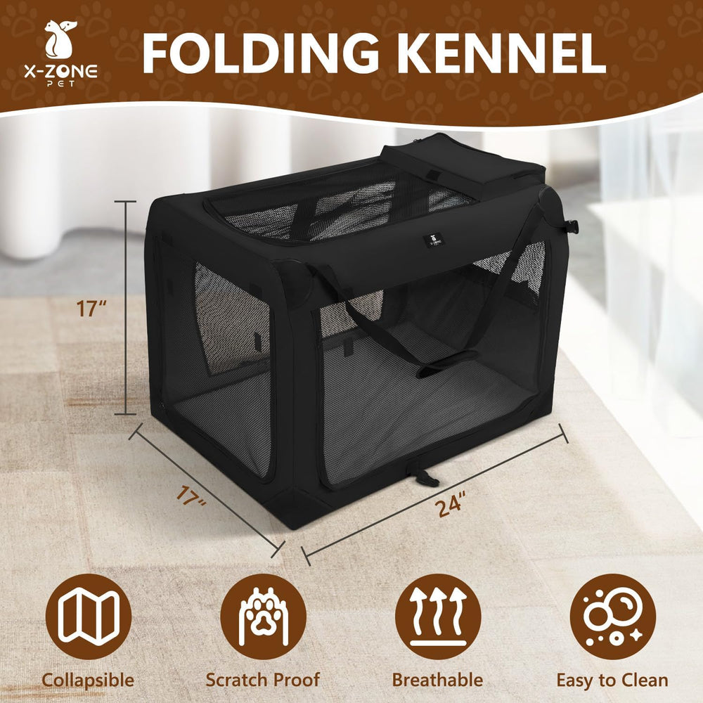 X-ZONE PET Dog Crate 3-Door Kennel, Collapsible Portable Soft Sided Pet Carriers for Indoor & Outdoor, Multiple (24-Inch, Carbon Black) 1837
