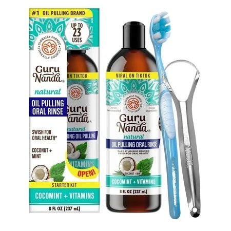 GuruNanda CocoMint Oil Pulling Natural Mouthwash with Essential Oils & Vitamins D3,E,K2 - Toothbrush & Tongue Scraper - 8 oz 1476