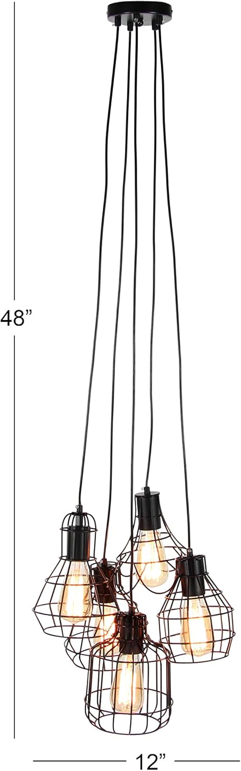 Deco 79 Industrial Cage-Designed 5-Light Pendant with Bulbs, 48" H x 17" L, Metallic Black Finish - B2 - 446