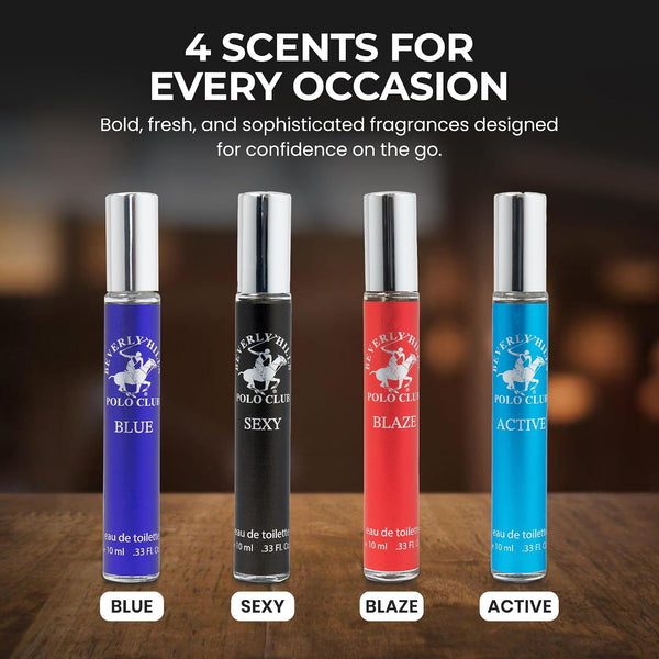Beverly Hills Polo Club EDT Pen Spray Collection - Set of 4 Men's Fragrance Gift Set - Active, Sexy, Blaze and Blue Scent - Long-Lasting, Travel-Friendly Cologne for Men (10ml Each) -F6-0046