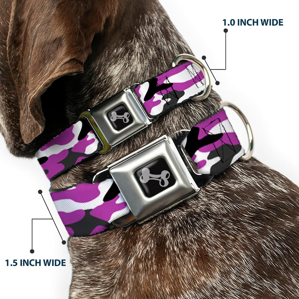 Buckle-Down Pet Collar, Dog Collar Metal Seatbelt Buckle, Camo Purple Black Gray White, 18 - 32 Inches 1.5 Inch Wide - L13 - 599