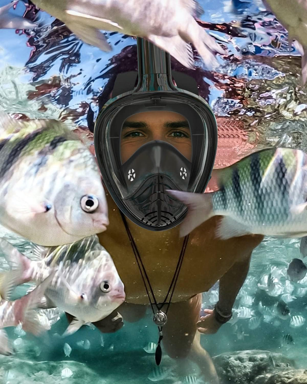QingSong Full Face Snorkel Mask for Adults, Snorkeling Gear with Camera Mount, 180 Degree Panoramic View Snorkel Set Anti-Fog Anti-Leak 1333