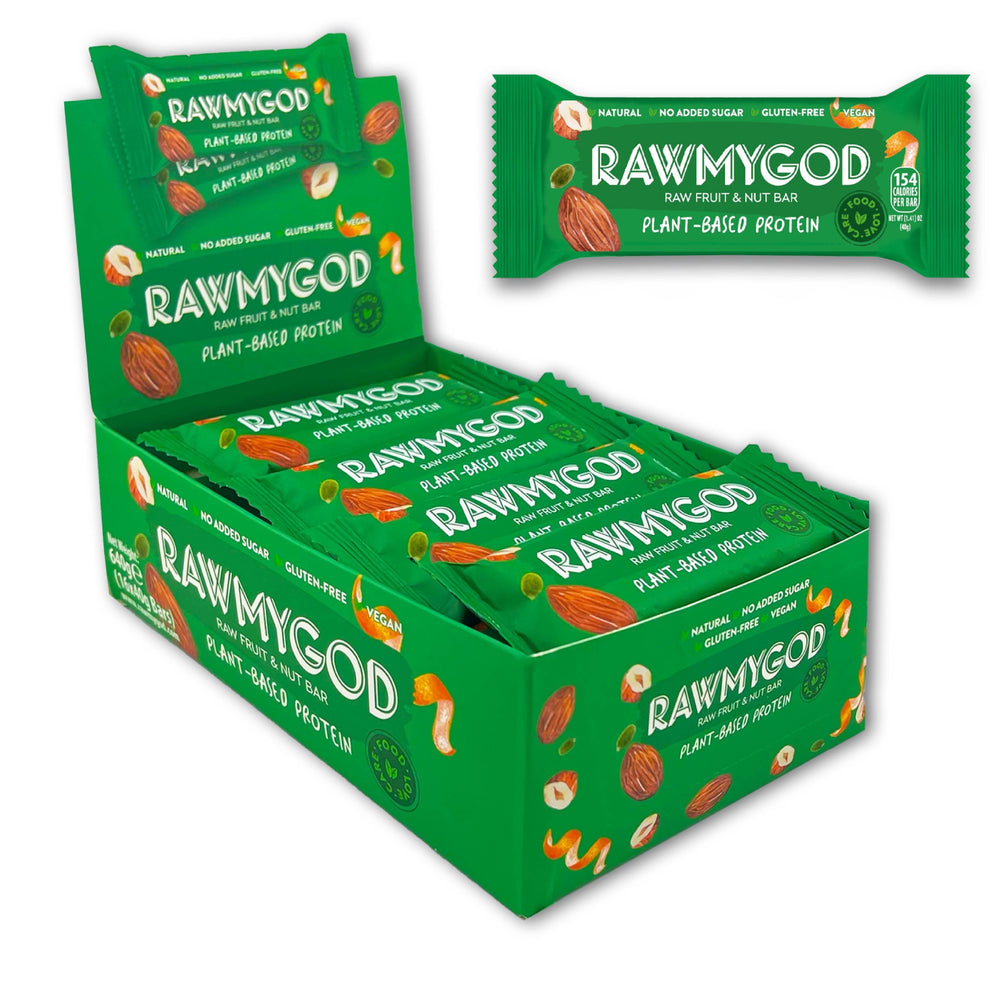 RAWMYGOD Raw Fruit and Nut Bar, Plant Based Protein, Gluten Free, Vegan, No Added Sugar, 16 pack, 154 Calories per Bar