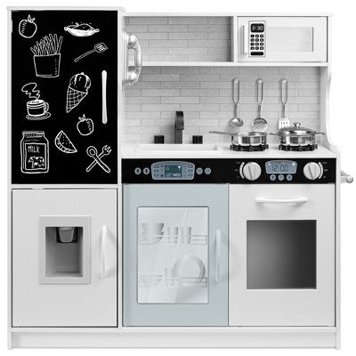 Pretend Play Kitchen Wooden Toy Set for Kids w/ Telephone, Utensils, Oven, Microwave - White 713