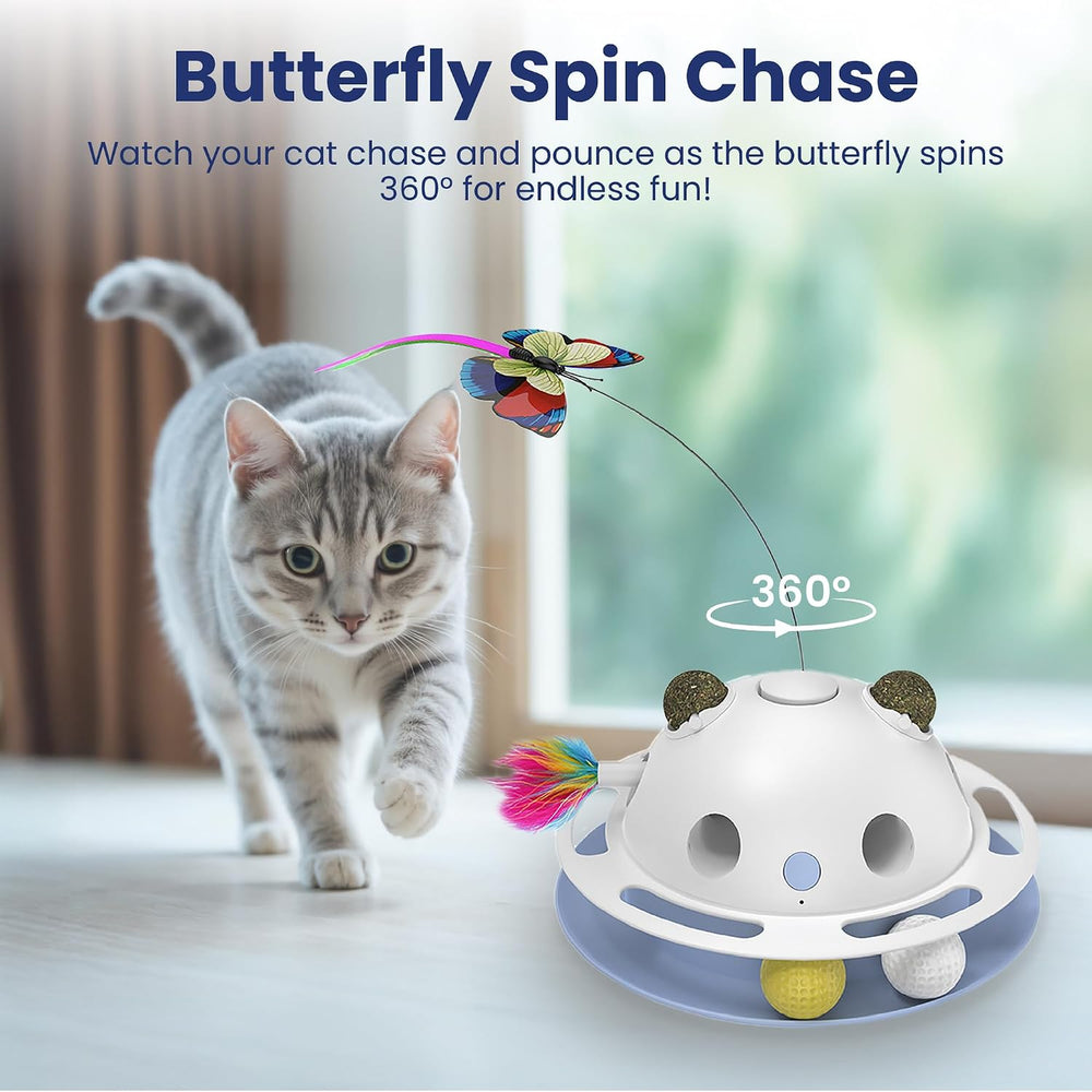 PAWSPIK Feather Frenzy 4-in-1 Interactive Cat Toy   Butterfly, Feather, Catnip Ball & Track Ball Play   Motion Activated, USB or Battery Powered   White -J10-0596