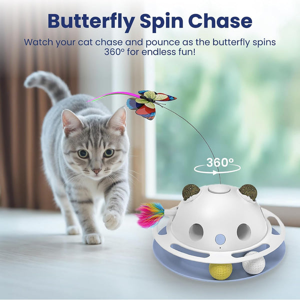 PAWSPIK Feather Frenzy 4-in-1 Interactive Cat Toy   Butterfly, Feather, Catnip Ball & Track Ball Play   Motion Activated, USB or Battery Powered   White -J10-0596