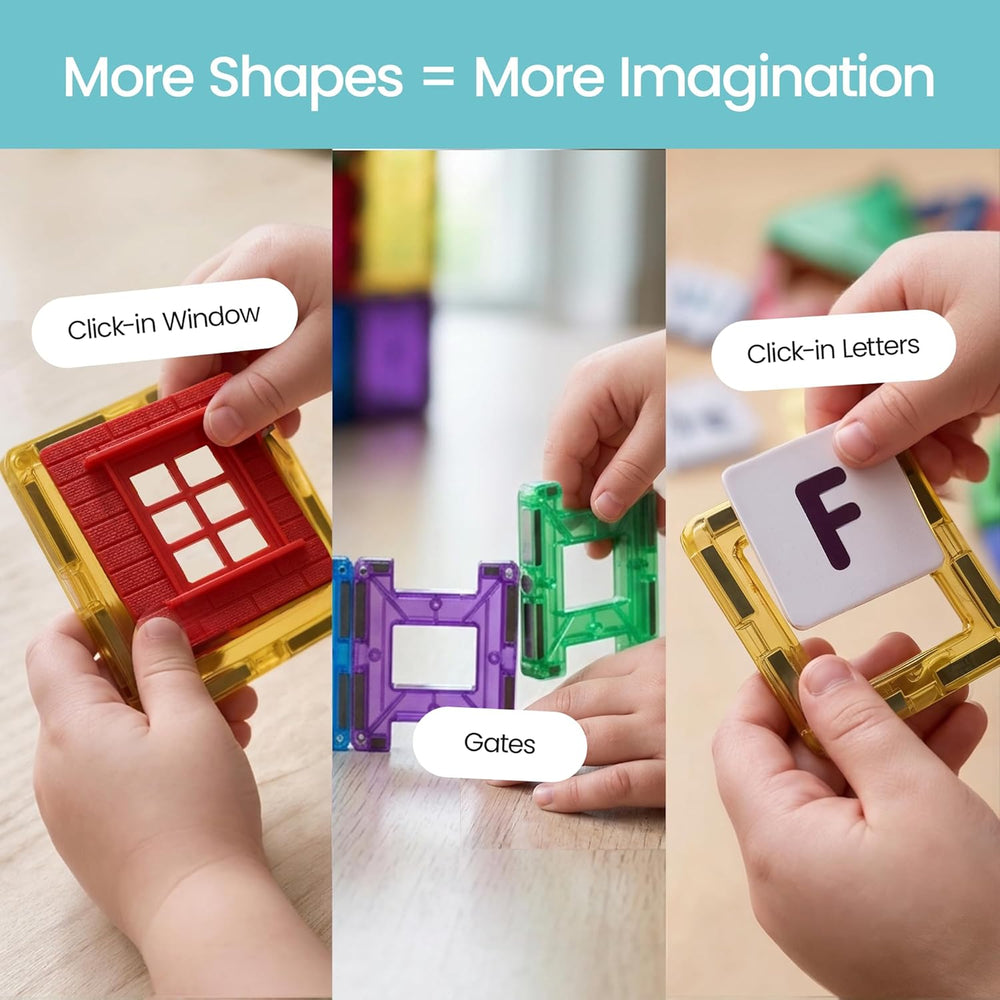 Playmags Magnetic Tiles for Kids 100-Piece Set, STEM Educational Building Blocks Toys for Kids, Includes Click-in ABC Learning Tiles, Gift for Boys & Girls, Add on Magnetic Figures, Car Set Available - K4 - 406