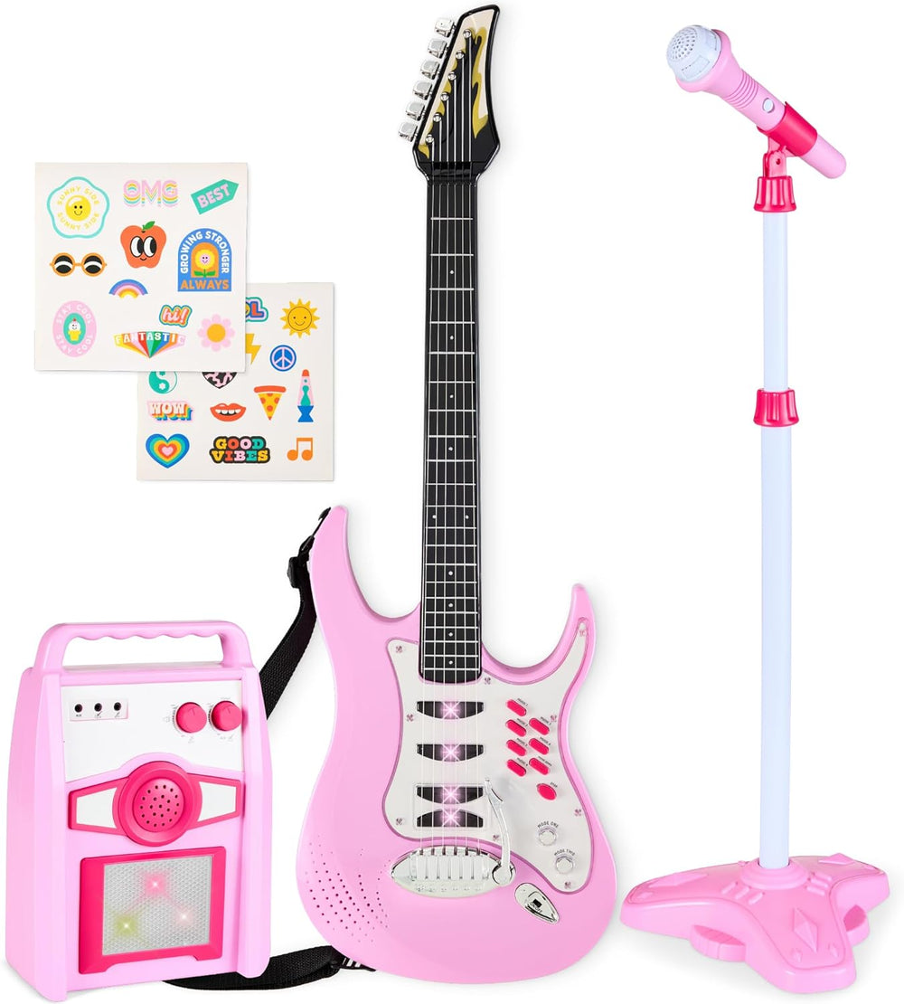 Best Choice Products Kids Electric Musical Guitar Play Set, Toy Guitar Starter Kit Bundle w/ 6 Demo Songs, Whammy Bar, Microphone, Amp, AUX, 2 Sticker Sheets - Soft Pink - 1616