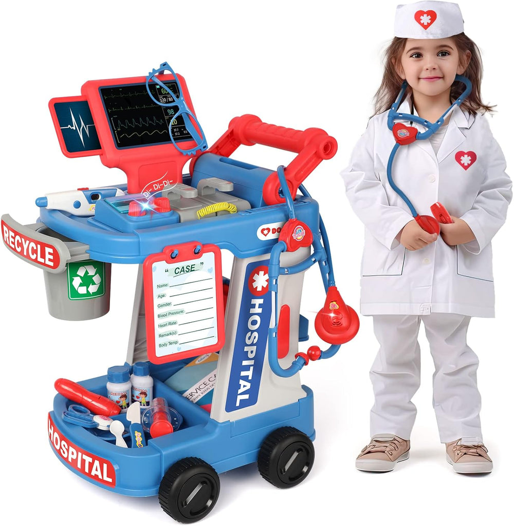 Liberry Doctor Kit for Toddlers Ages 2 3 4 5, Pretend Kids Doctor Playset with Cart, Costume and Stethoscope, Role Play Medical Toys Birthday Gift for Girls Boys (Blue) 1274