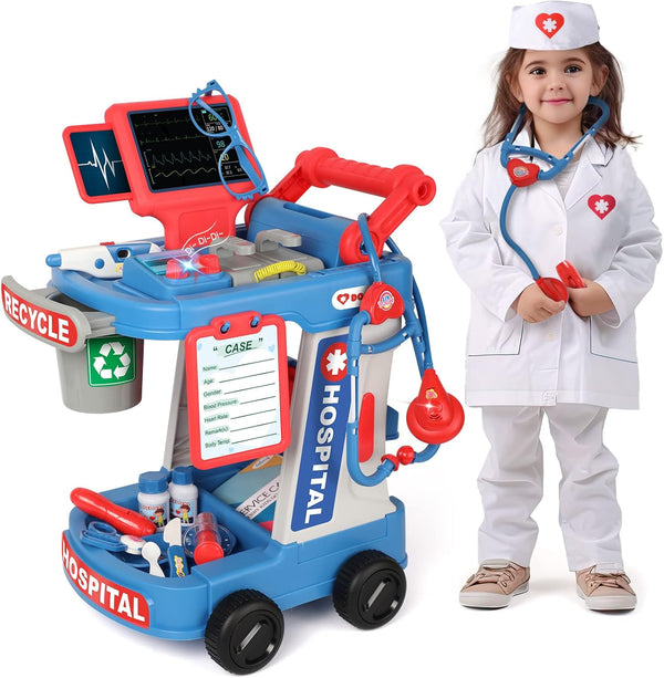 Liberry Doctor Kit for Toddlers Ages 2 3 4 5, Pretend Kids Doctor Playset with Cart, Costume and Stethoscope, Role Play Medical Toys Birthday Gift for Girls Boys (Blue) 1274