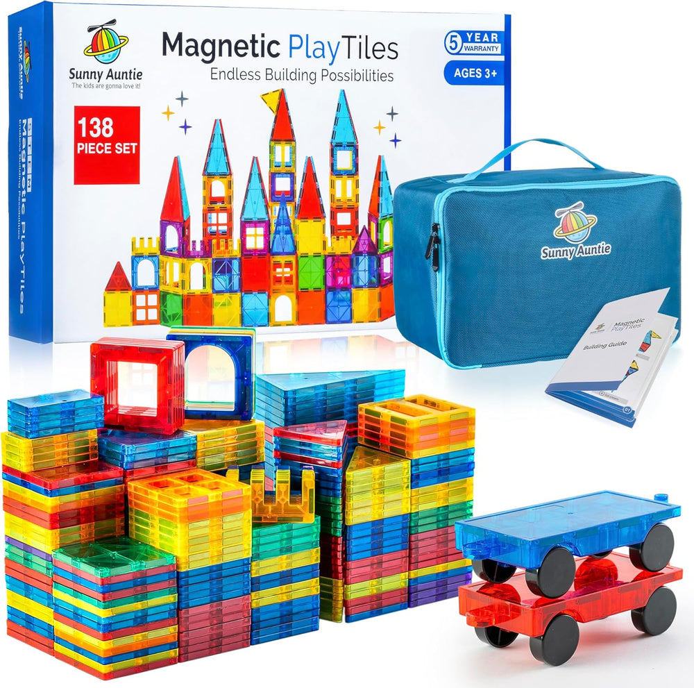 Magnetic Tiles 138 PCS (XL SET), Magnetic Tiles for Kids, Toy for 3 4 5 6 7 8 Year Old Boys & Girls, Large Building Set, Great Gift for Kids Aged 3-8, Gift Box, + Bonus Zippered Carrying CASE - J13