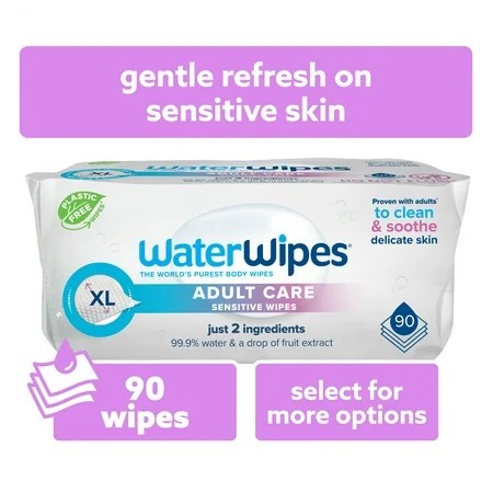 WaterWipes Adult Care, 99.9% Water Based Sensitive Wipes, 3 Resealable Packs (90 Wipes) 1458
