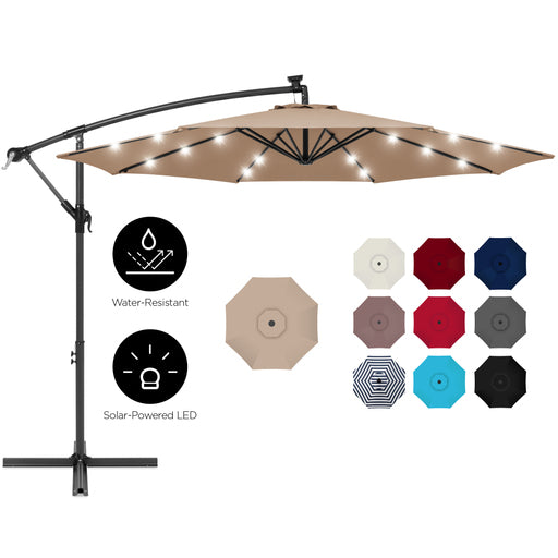 10ft Solar LED Offset Hanging Outdoor Market Patio Umbrella W/ Adjustable Tilt - Tan 784