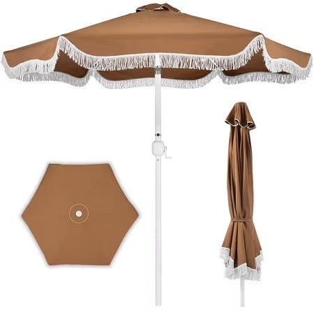 Best Choice Products 9ft Fringe Market Umbrella Boho Patio Sunshade w/ Tilt, UPF50+ - Tan - L2 - 346
