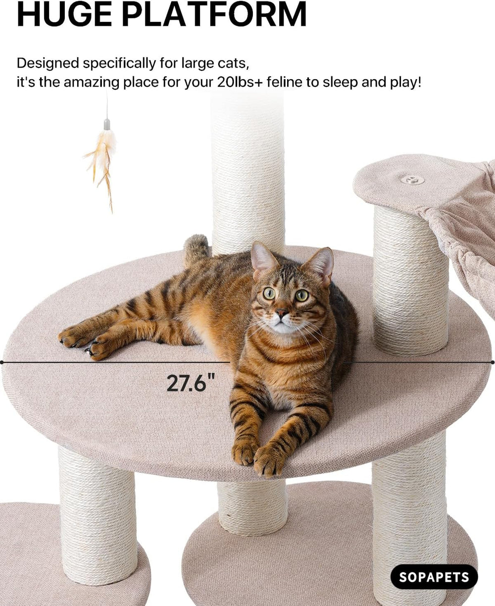 Extra Large Cat Tree for Maine Coon,65 Inches Tall Cat Tree Tower for Indoor Cats Large Adult 20 lbs,XXL Heavy Duty Luxury Sturdy Cat House with Big Hammock,Sisal Scratching Post,Condo,Beige -M6-0649