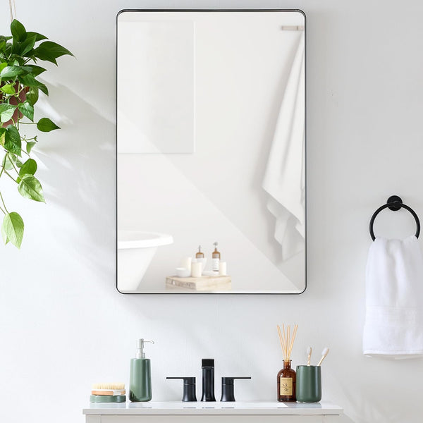 24x36in Rounded Rectangle Wall Vanity Mirror — Black Matte — H79