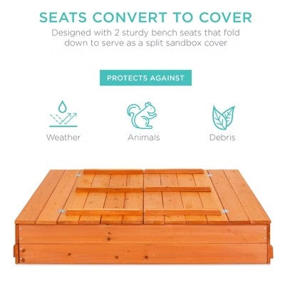 Best Choice Products 47x47-Inch Kids Wooden Outdoor Sandbox w/ 2 Foldable Bench Seats, Sand Protection, Liner - Brown - D2-0459