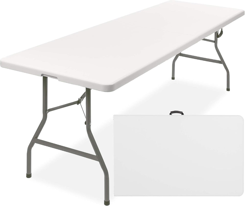8ft Plastic Folding Table, Indoor Outdoor Heavy Duty Portable w/Handle, Lock for Picnic, Party, Pong, Camping - White - K116
