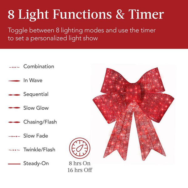 Best Choice Products 36 in. Pre-Lit XL Christmas Bow, Large Outdoor Decoration with 8 LED Light Functions and Hook 1977