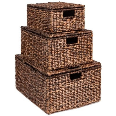 Set of 3 Large Multipurpose Hyacinth Storage Baskets w/ Insert Handles, Lid - 21", 20", 18" - 286
