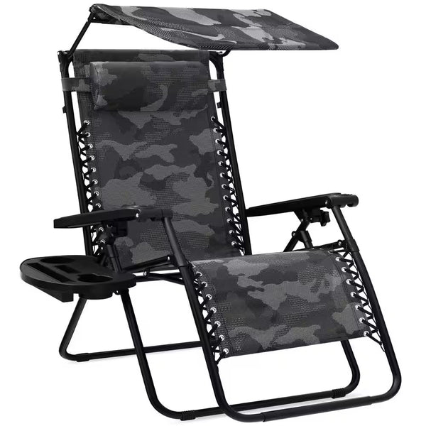 Zero Gravity Folding Reclining Camouflage Fabric Outdoor Lawn Chair with Canopy Shade, Headrest Tray - M6 - 1957