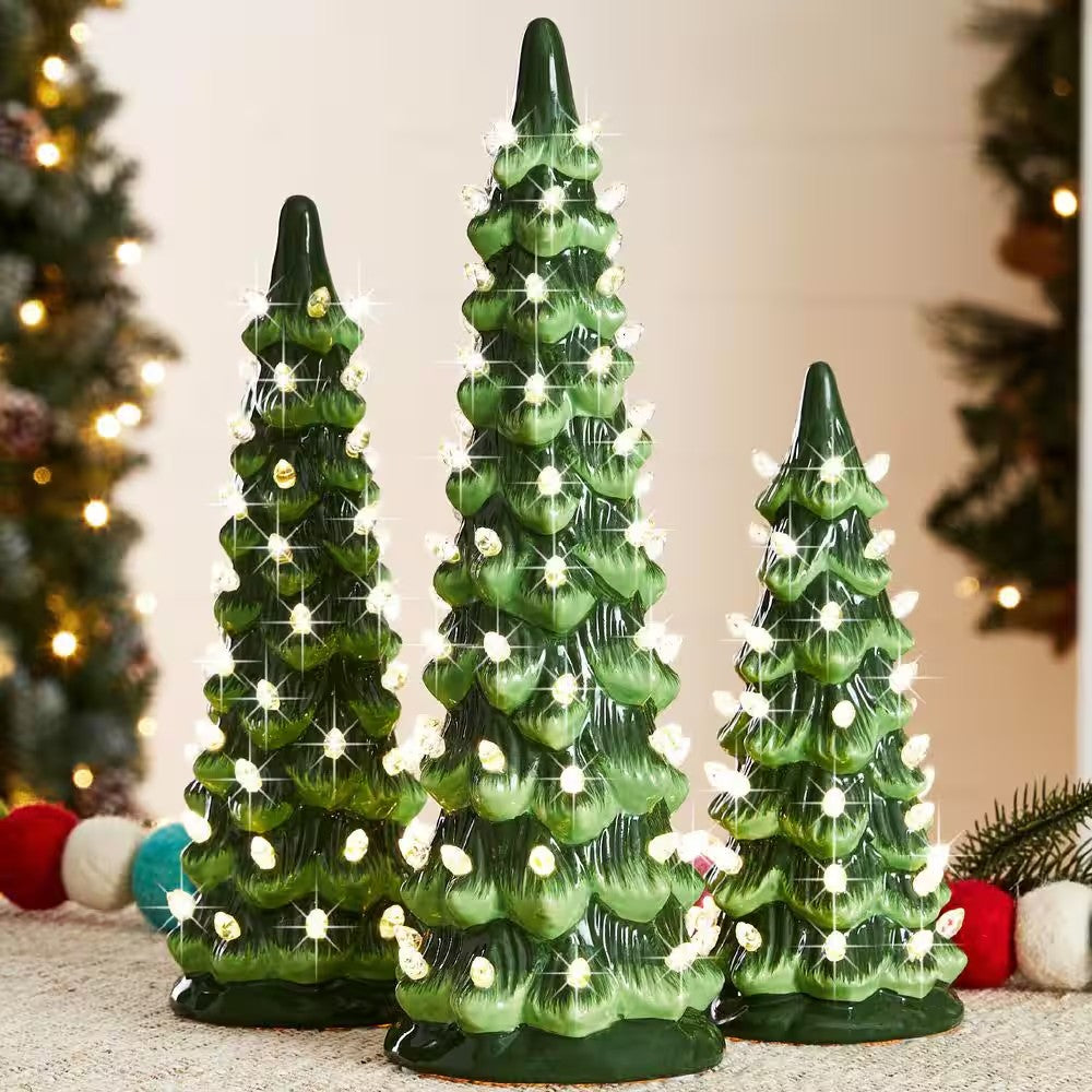 Set of 3 Green Pre-Lit LED Ceramic Artificial Christmas Trees with 18 Warm White Lights
