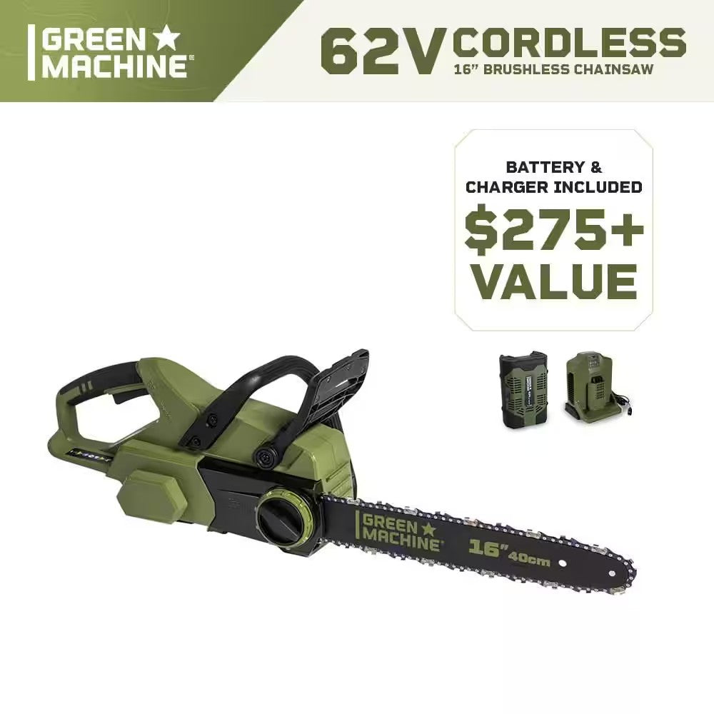 62V Brushless 16 in. Battery Chainsaw Auto-tensioning system, easy trigger start with 4 Ah Battery and Charger 516