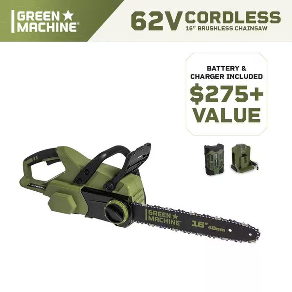 62V Brushless 16 in. Battery Chainsaw Auto-tensioning system, easy trigger start with 4 Ah Battery and Charger 516