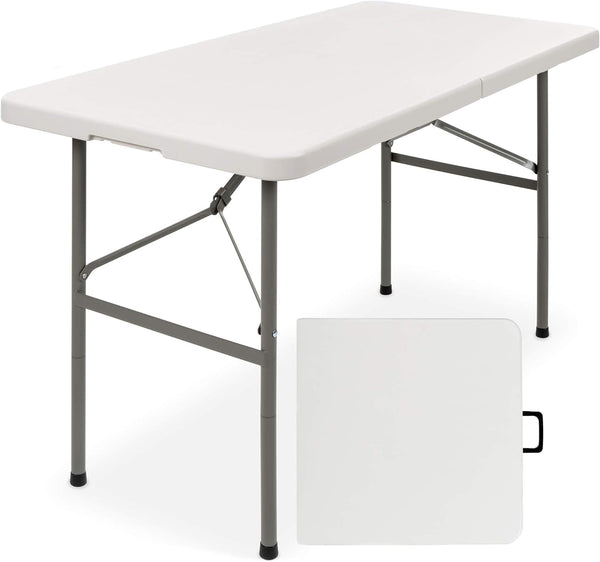 4ft Plastic Folding Table, Indoor Outdoor Heavy Duty Portable w/Handle, Lock for Picnic, Party, Camping - White - M23