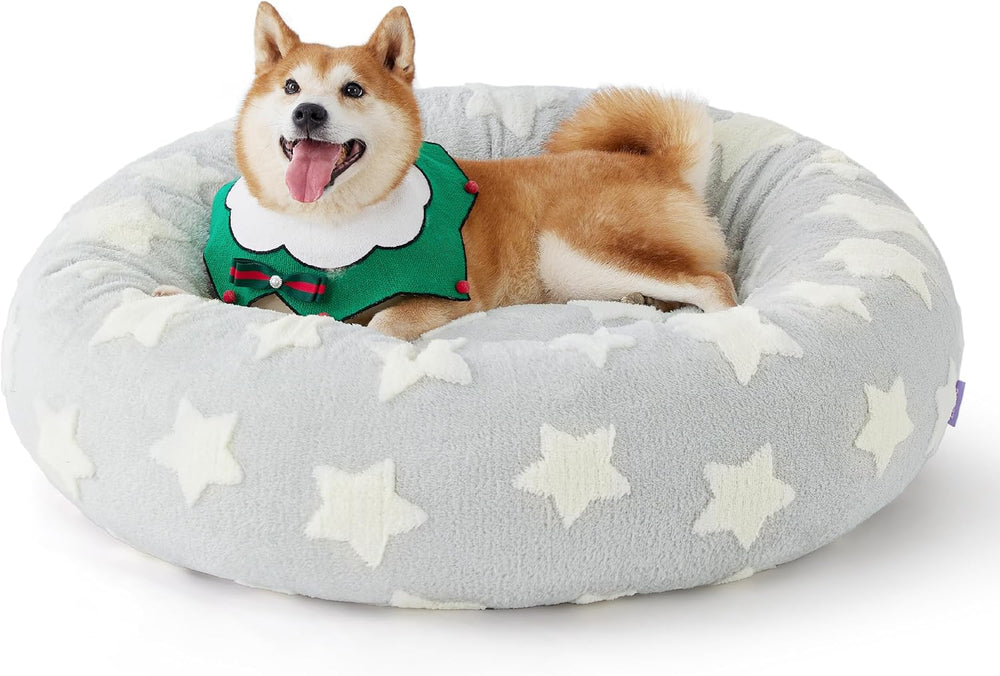 LE SURE Donut Large Dog Bed - XL Round Cat Beds Indoor Anti-Anxiety Calming Gift for Pets, Washable Cute Modern Beds with Jacquard Shaggy Plush & Anti Slip Bottom, 36 Inch, Christmas Grey - J6 - 634