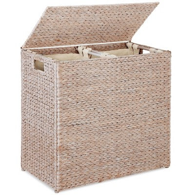Best Choice Products Large Natural Water Hyacinth Double Laundry Hamper Basket w/ 2 Liner Bags, Handles - Whitewash 1740