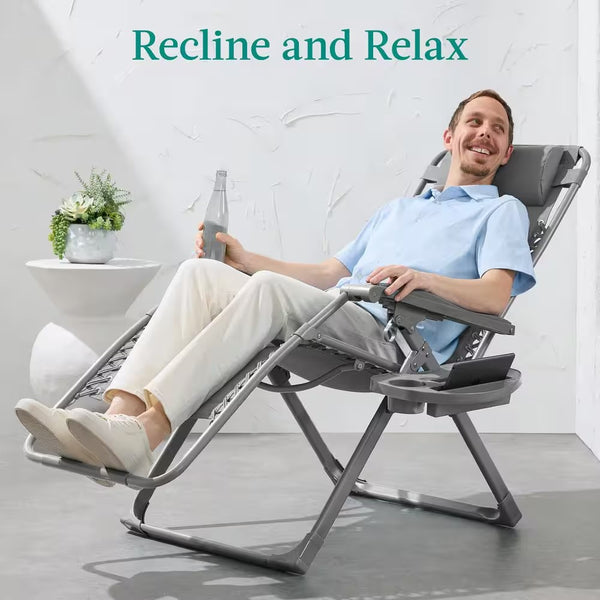 Dove Gray Metal Zero Gravity Folding Beach Chair and Patio Recliner with Side Tray and Headrest -M1-1360