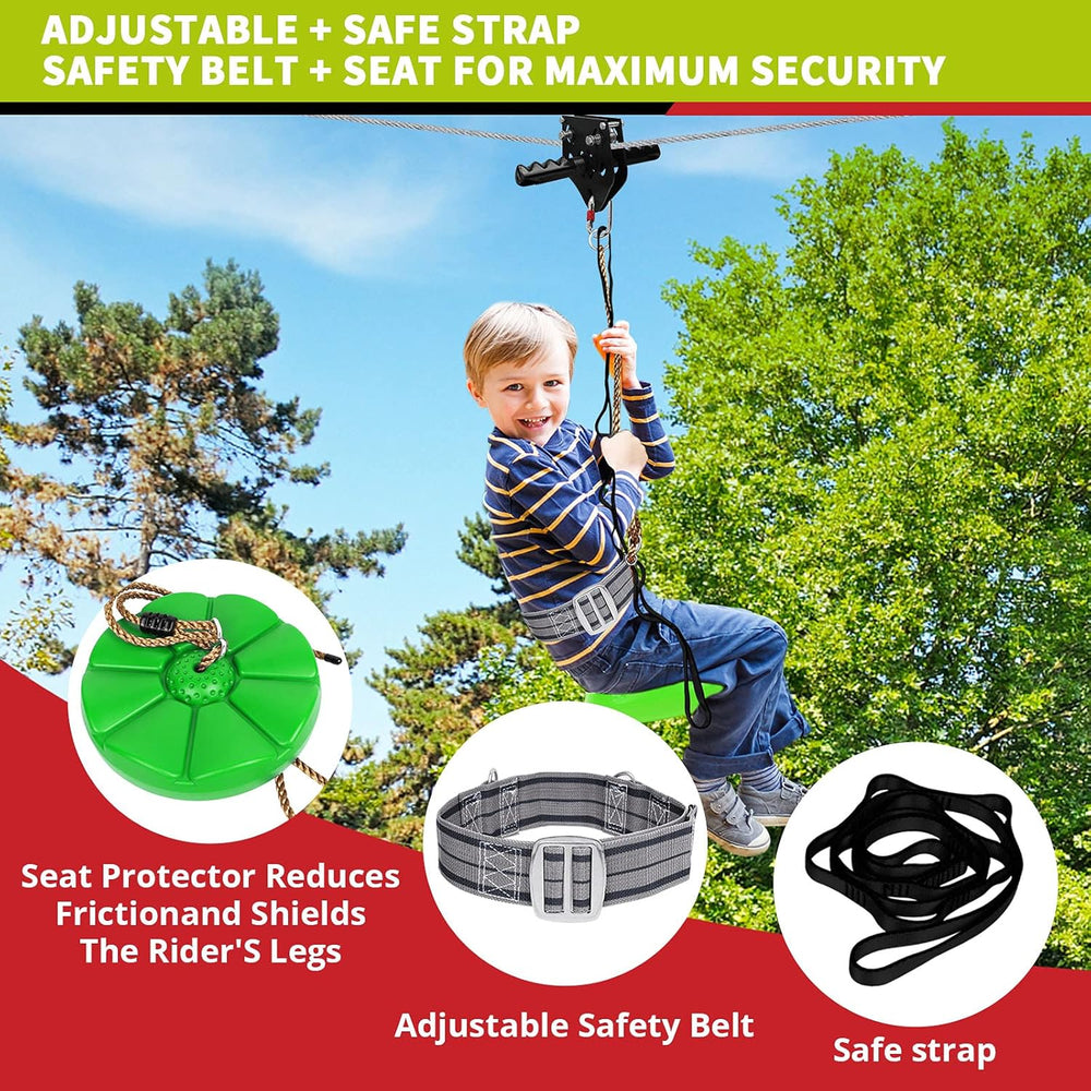 100 ft /120 ft /150 ft/180ft Zip Line Kit for Kids and Adult Up to 380 lb - Updated Removable Design Trolley and Thickened Seat, Rust Proof W/Safety Harness - Zipline Kits for Backyard 1328